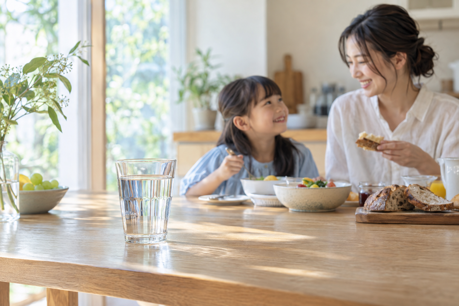 朝の食卓に置かれた水と、穏やかに過ごす親子のイメージ
